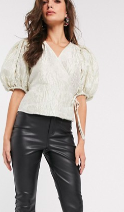 &amp; Other Stories jacquard puff sleeve wrap blouse in off-white