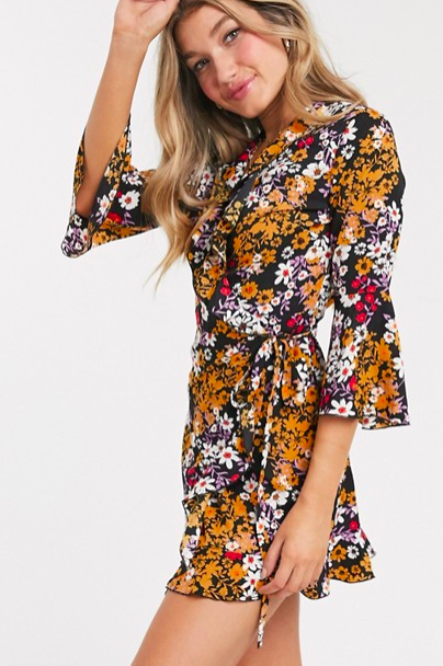 Outrageous Fortune ruffle wrap dress with fluted sleeve in floral print