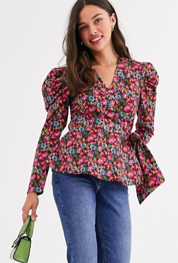 ASOS DESIGN wrap top with volume sleeve in floral