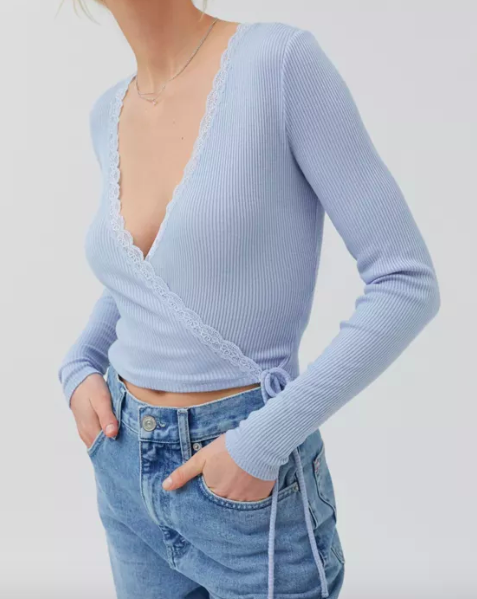 UO Ribbed Lace Trim Wrap Top
