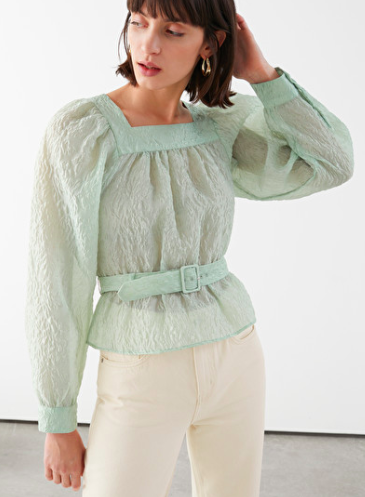 Stories Belted Bubble Sleeve Crepe Top