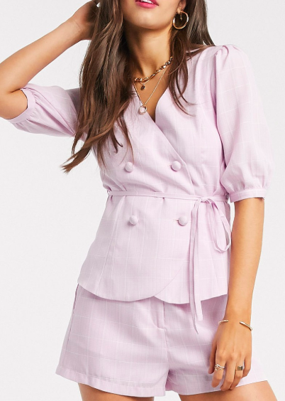 Fashion Union wrap top with button front in check two-piece