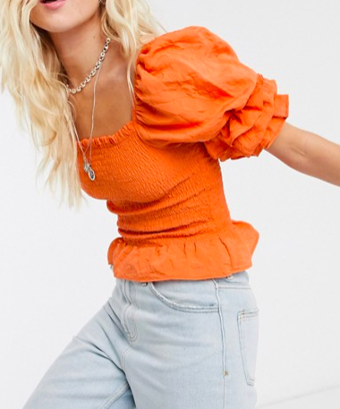 Bershka shirred blouse with frill sleeves in orange