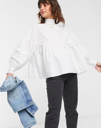 ASOS DESIGN long high neck smock top in cotton in ivory