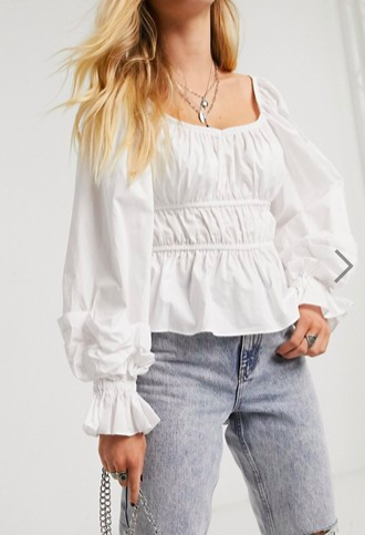 Bershka ruched detail blouse in white