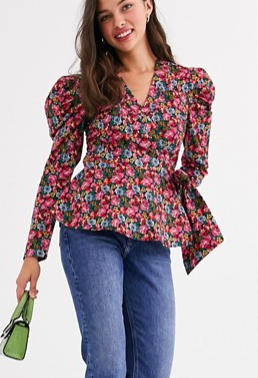 ASOS DESIGN wrap top with volume sleeve in floral