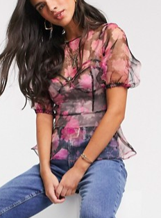 ASOS DESIGN short sleeve organza top with top stitch detail in floral print