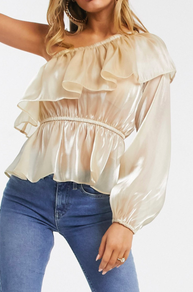PrettyLittleThing one shoulder blouse with frill detail in pale gold shimmer