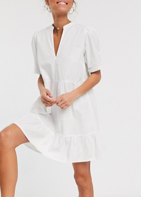 ASOS DESIGN cotton tiered mini smock dress in white