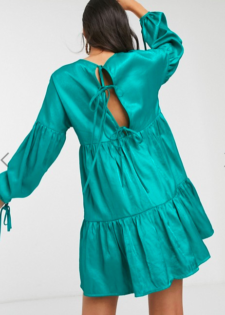 Glamorous tiered mini smock dress with tie cuffs in satin