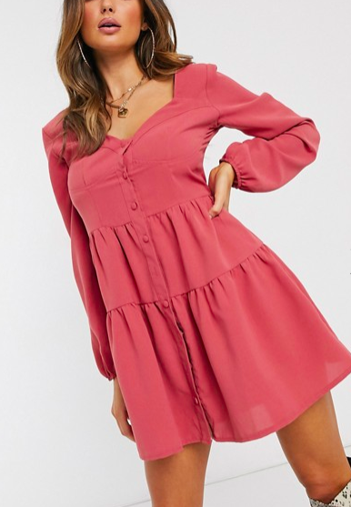 Missguided tiered smock dress with sweetheart neckline in rose