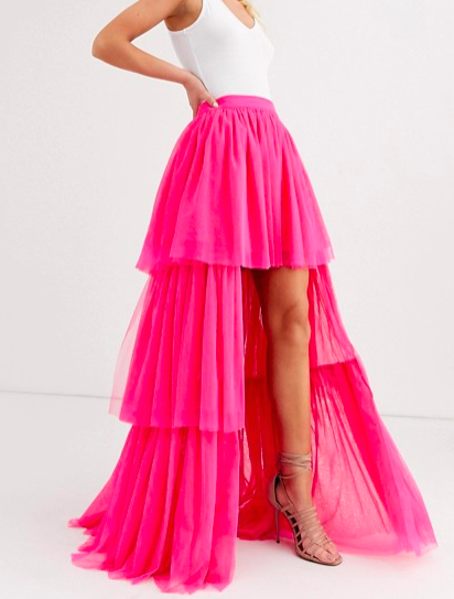 Lace &amp; Beads tiered high low maxi skirt in neon pink