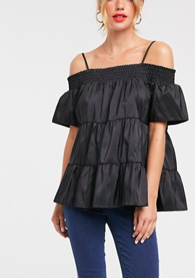 ASOS DESIGN off the shoulder tiered top in taffeta