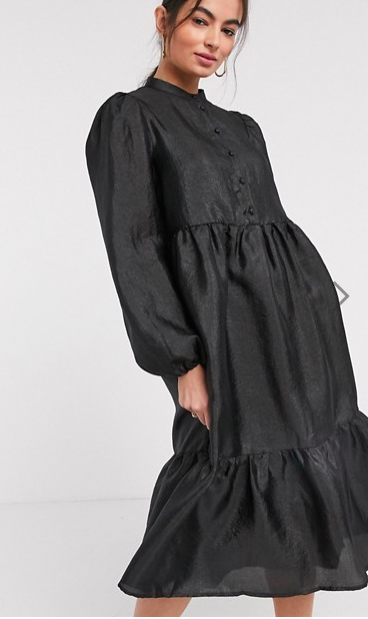 Vila tiered midi smock dress in black