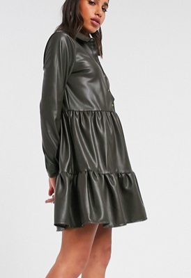 Vero Moda leather look smock dress with tiered skirt in khaki