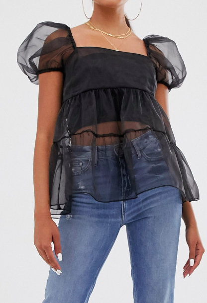 ASOS DESIGN short sleeve tiered organza top with ruffle detail