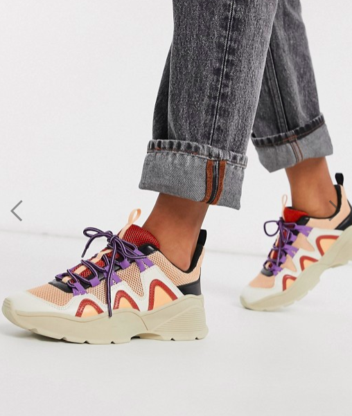 Monki mesh and PU color block chunky sneaker in white and pink