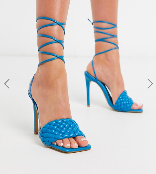 Public Desire Melissa square toe quilted heeled sandal with ankle tie in blue