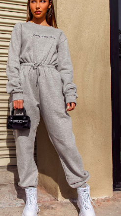 PRETTYLITTLETHING GREY EMBROIDERED SWEAT JUMPSUIT