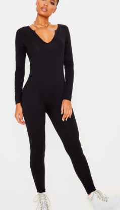 BLACK SEAMLESS COTTON ELASTANE V NECK JUMPSUIT