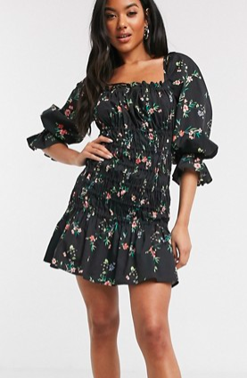 ASOS DESIGN cotton poplin shirred mini dress with lace up back in floral print