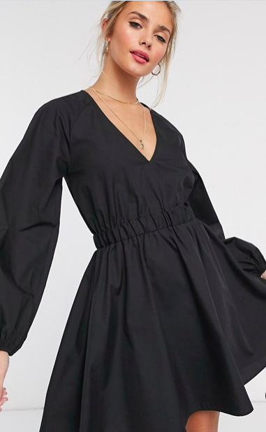 ASOS DESIGN v neck cotton poplin elasticated waist mini dress in black