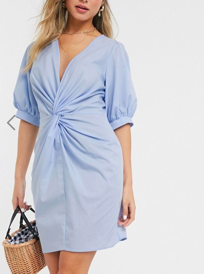 ASOS DESIGN cotton poplin twist mini dress with puff sleeves in blue