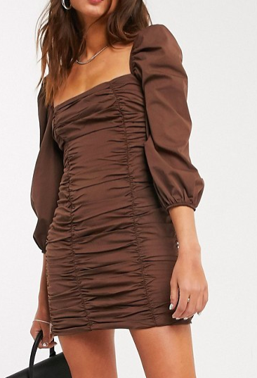 Bershka ruched poplin mini dress in brown