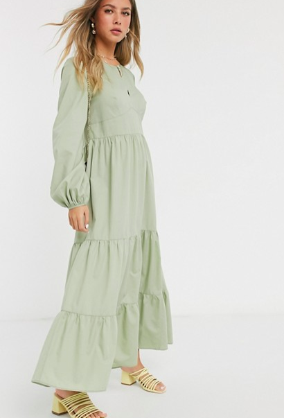 ASOS DESIGN cotton poplin tiered maxi dress with long sleeves in khaki