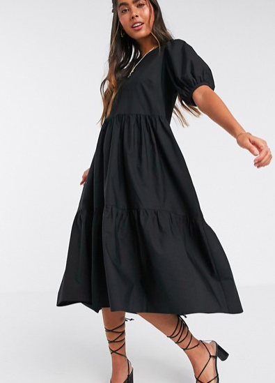 Y.A.S tiered midi smock dress with puff sleeve in black