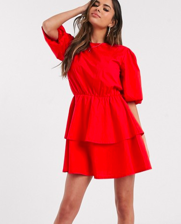 PrettyLittleThing puff sleeve smock dress in red