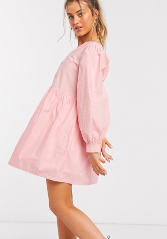 Daisy Street mini smock dress with button front and balloon sleeves in cotton