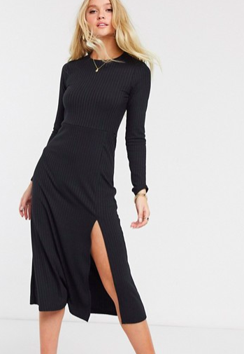 River Island ribbed jersey midi dress with side slit in black