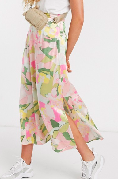 Selected Femme midi skirt with side split in waterlily floral print