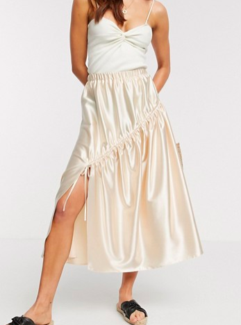 ASOS DESIGN high shine satin midi skirt with ruching detail in off white