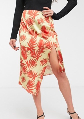 Glamorous asymmetric midi skirt with frogging in palm print