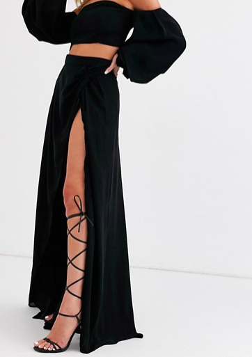Yaura high waist maxi skirt with split two-piece in black