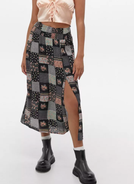 UO Soft Crinkle Patchwork Print Midi Skirt