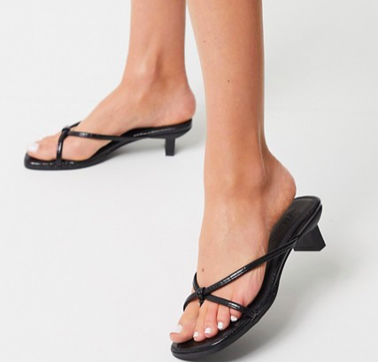 ASOS DESIGN Hvar flip flop kitten mid-heeled sandals in black croc