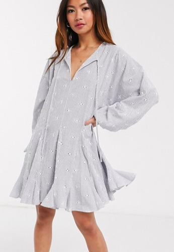ASOS DESIGN trapeze mini smock dress with godets in stripe broderie