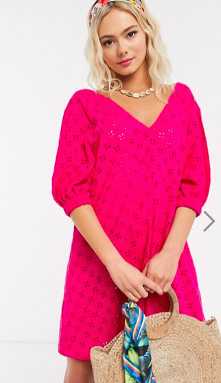 ASOS DESIGN broderie puff sleeve v front mini swing dress in pink