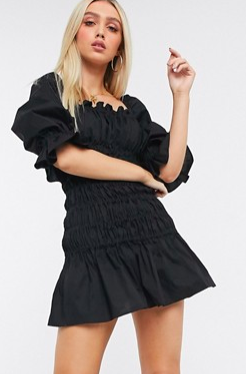 ASOS DESIGN cotton poplin shirred mini dress with lace up back in black