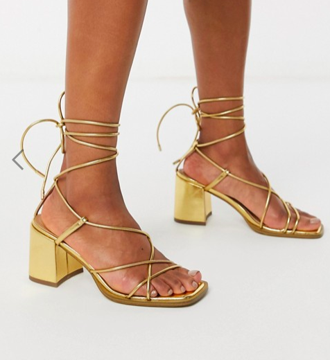 ASOS DESIGN Hideout block heeled minimal strap sandals in gold