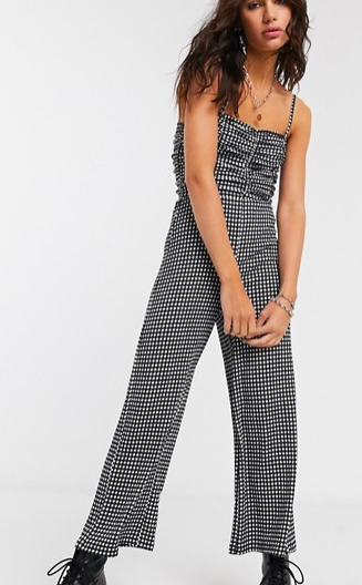 Bershka ruched front gingham jumpsuit in monochrome