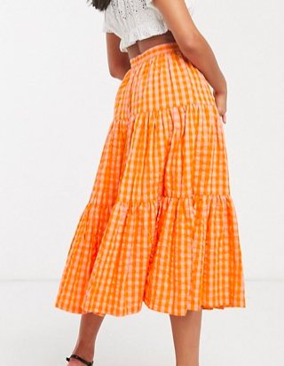 ASOS DESIGN tiered gingham midi skirt in orange