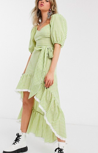 House Of Stars high low tea dress with statement sleeves in gingham