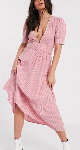 Neon Rose belted midaxi dress with plunge front and lace trim in gingham