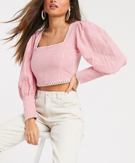 Neon Rose milkmaid top with lace trim and puff sleeves in gingham