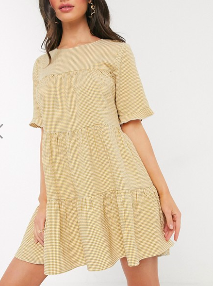 Missguided tiered smock dress in yellow gingham check
