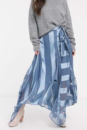 ASOS DESIGN satin stripe wrap midi skirt with tie waist